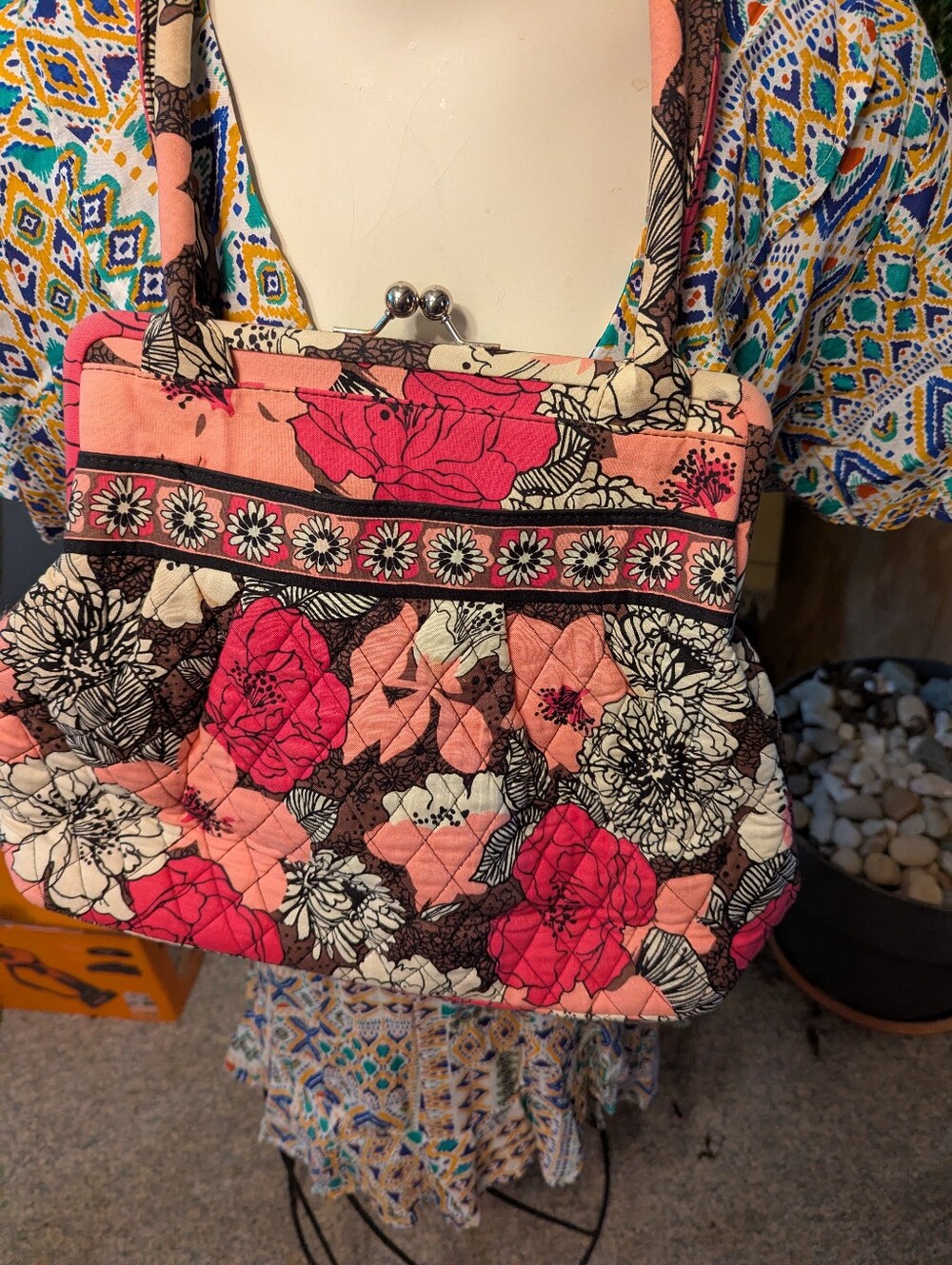 Vtg Retired Vera Bradley Mocha Rouge Handbag Silver Kisslock Snap Closure